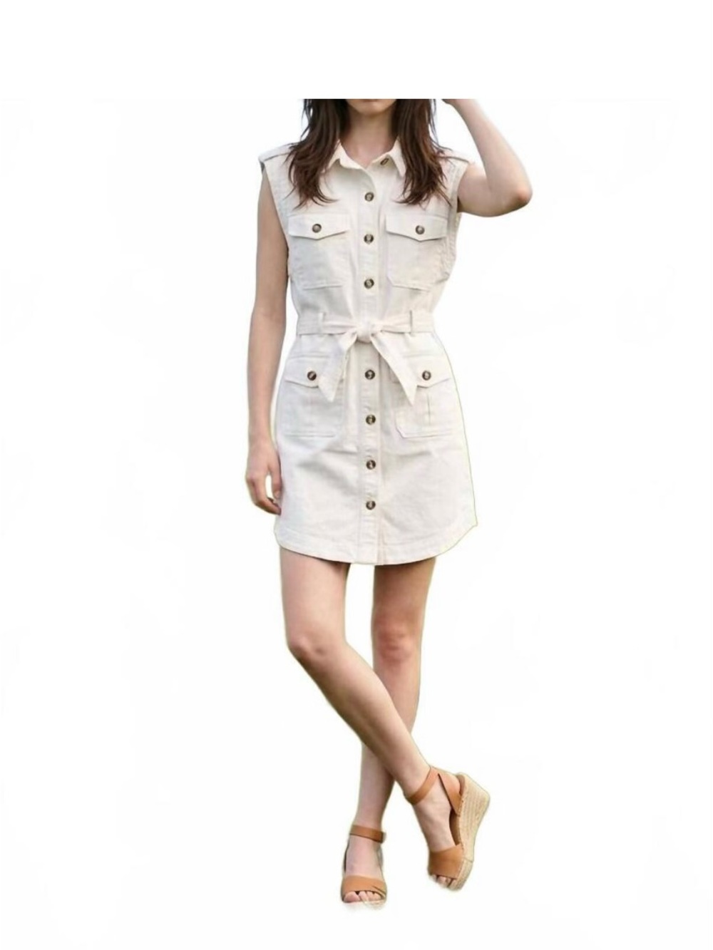 Sleeveless White Tribal Denim Dress with Belt